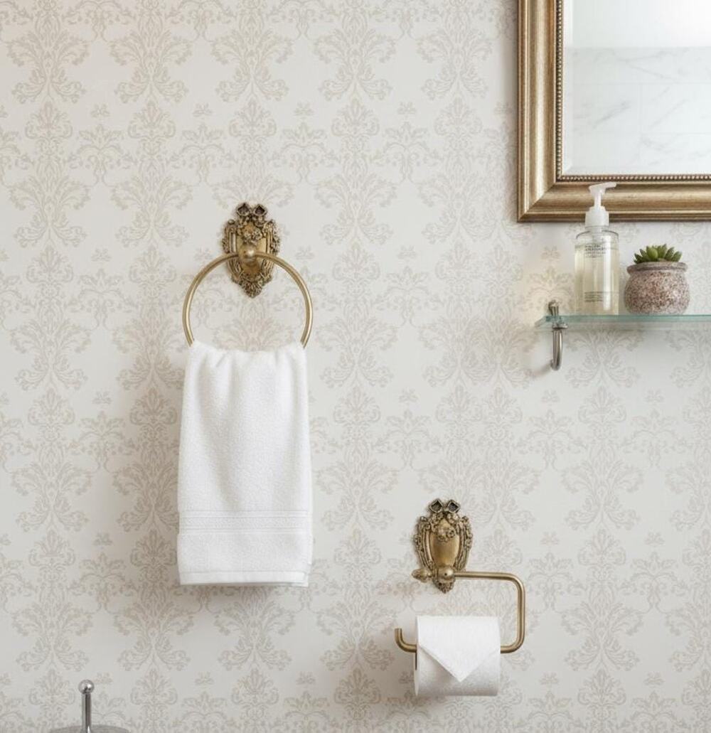 Antique Brass Bathroom Hardware  | Solid Brass Towel Ring & Toilet Paper Holder